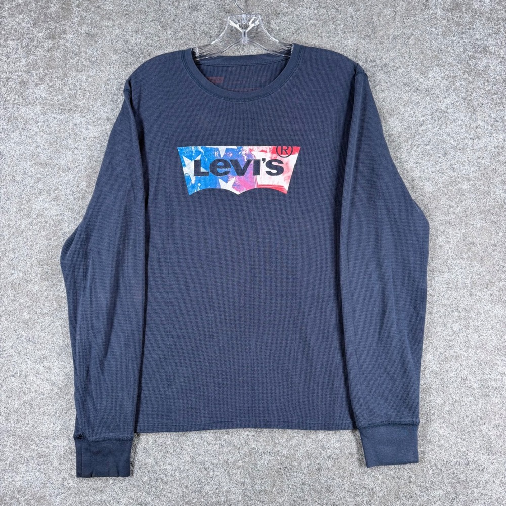 Levi's Large Navy Blue Waffle Knit Thermal Long Sleeve Logo Shirt USA Flag